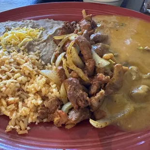 adobada pork, beans and rice