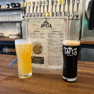 Pizza ,  beers and their taps