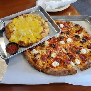 Cheesy bread, pizza
