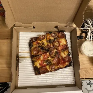 $18 2 topping pizza. This box is a standard SMALL pizza box. Please note the 2oz dressing cup sitting next to it for size reference!!