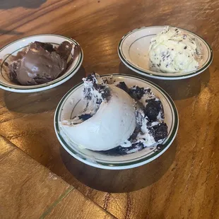 three bowls of ice cream