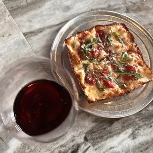 Detroit style margarita pizza and Chianti.