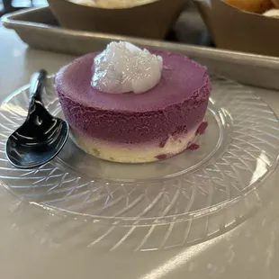 Ube cheesecake topped with macapuno