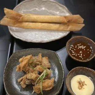 Crispy chicken skin, lumpia