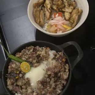 Sisig rice bowl, chicken inasal rice bowl