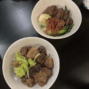 Pork belly adobo rice bowl, Bistek tagalog rice bowl