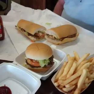 Deli-special burger and fries. Veal cutlet poboy