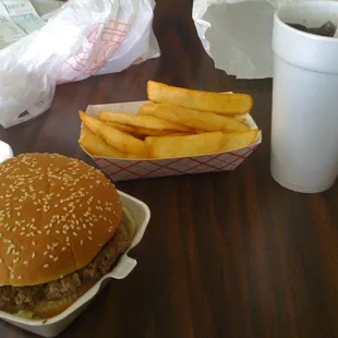 a hamburger and fries
