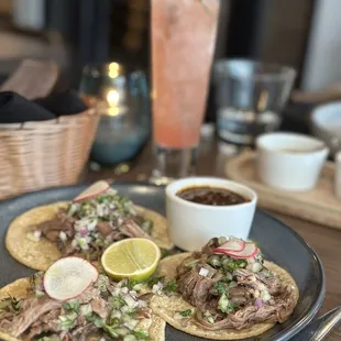 Lamb barbacoa tacos, watermelon margarita
