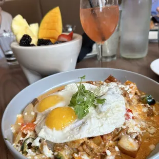 Al pastor hash and fruit bowl