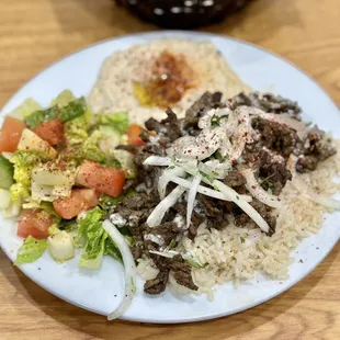 Beef Shawarma with rice hummus and salad