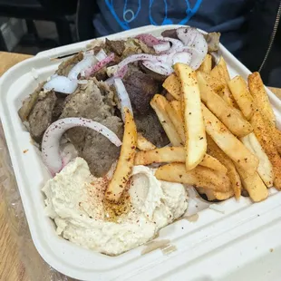 Gyro plate, hummus, fries (fyi - they usually don't include fries as a side but they made an exception)