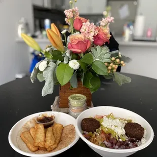 Halloumi Cheese Stix &amp; Rice Bowl with chicken &amp; falafel