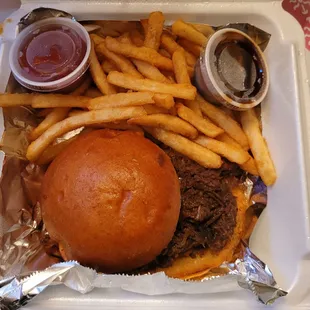 a hamburger and french fries