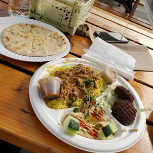 Lamb shawarma with falafel and hummus sides