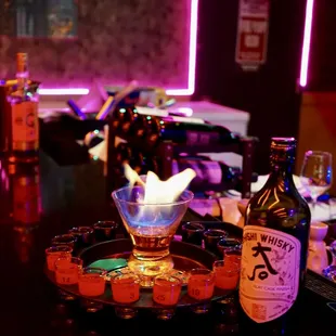 a bar with alcohol and liquor