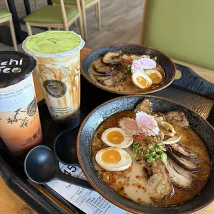 Spicy Tonkotsu Ramen, Thai Iced Milk Tea, brown sugar Milk Tea