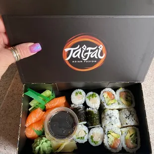 A beautiful box of Sushi! That is first class Tai Fai, and food is always amazing!
