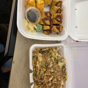 Japanese fried rice Deep fried California Roll Salmon on the Beach Roll** (minus one piece because I couldn&apos;t wait)