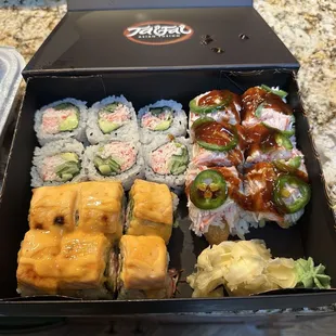 Top left: California Roll Top right: Ferndale roll Bottom left: Salmon on the Beach Roll