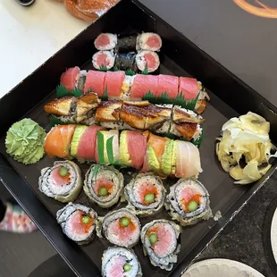 Rainbow roll (raw), Malibu roll (specialty/new roll), Dancing Eel roll (cooked roll), Salmon roll (raw)