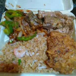 Combination plate shrimp fried rice pepper steak and egg foo yung