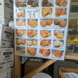 a menu for a variety of baked goods