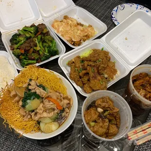 Beef broccoli, honey walnut shrimp, salt &amp; pepper pork, chicken chow mein, braised tofu &amp; fish clay pot, garlic eggplant clay pot take out