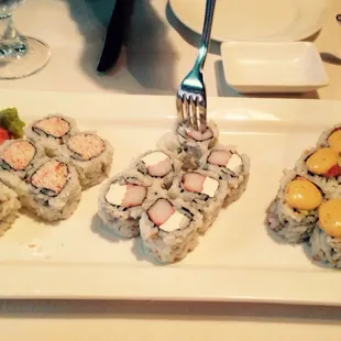 Crab salad roll, crab and cream cheese roll, and spicy tuna roll!