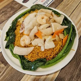 Seafood Cantonese Fried Noodles.  Aka "2-Sides Yellow" noodles