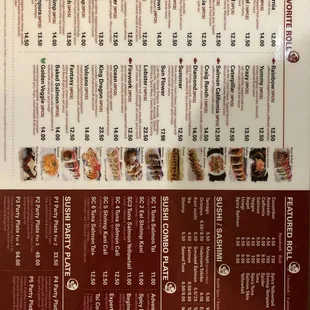 the menu for tai sushi