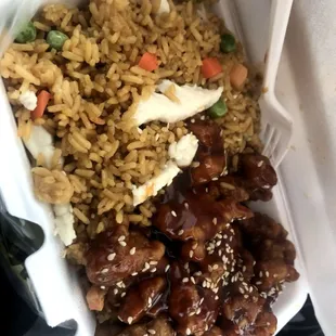 rice, meat and vegetables in a styrofoam container
