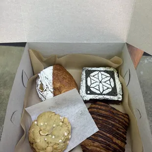 Cookies, black sesame, chocolate and almond croissant