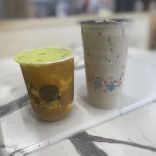 Left: Sweet Potato Zang Zang special with almond milk (extra 50¢ charge) Right: Wintermelon milk tea