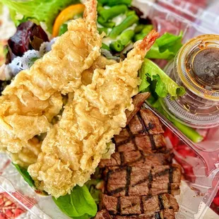 Combination with shrimp tempura and beef teriyaki.
