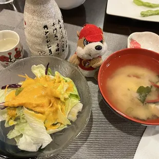 side of miso soup, and salad.