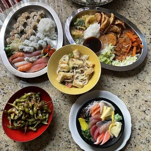 a variety of dishes on a table