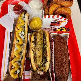 (Left to right) Baseball Pup, Chicago Pup, Corn Dog, Onion Rings
