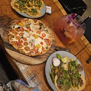 Chicken tacos, Margherita flat bread pizza, Carne Asada tacos and fish bowl