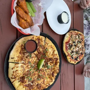 Wings Birria pizza and veggie pizza