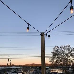 a view of the parking lot at dusk
