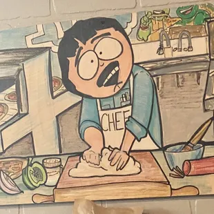 a painting of a man making food