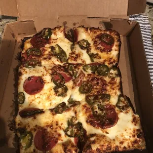 Hot Honey Detroit Style - I subbed double pepperoni instead of sausage. Fantastic.