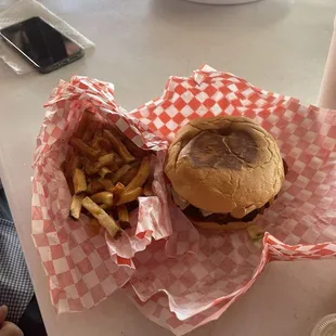 Bacon cheeseburger and homemade Homemade French Fries