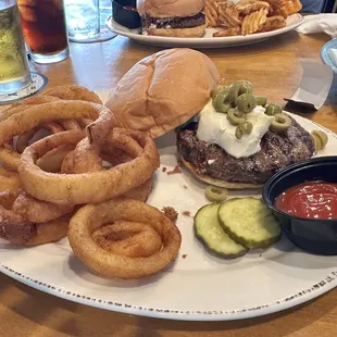 Olive Burger and Onion Rings