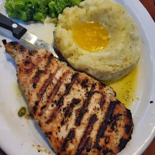 Grilled chicken with mashed potatoes. This was very flavorful but would have been better with gravy on the potatoes.