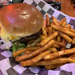 Hangover burger with fries and pickle