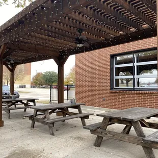 a picnic area in a brick building