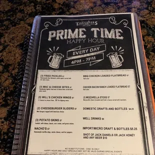 Updated happy hour menu.