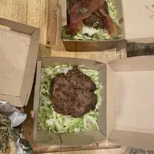 Bacon Blue on top  Double Cheese on Bottom No Buns.